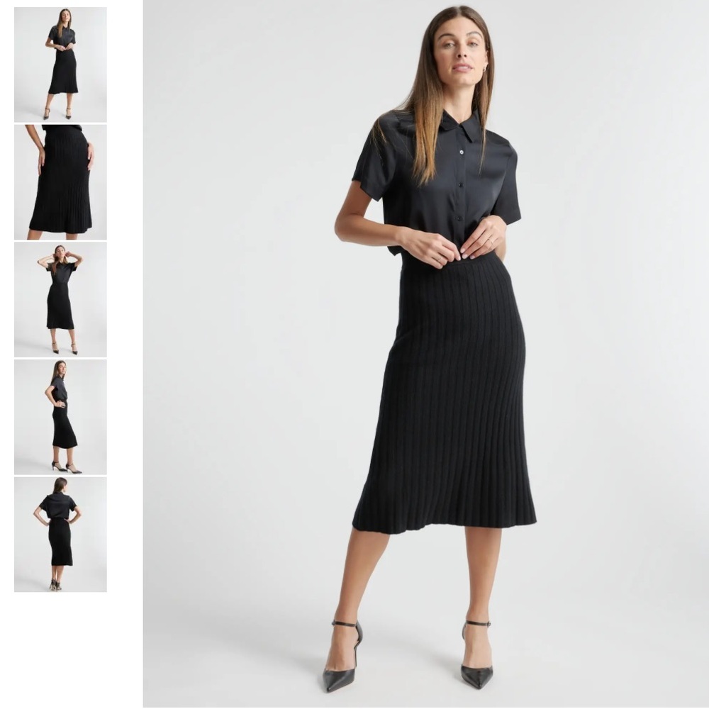 Quince 100% Mongolian Cashmere Grade A Black Ribbed Soft Midi Skirt
